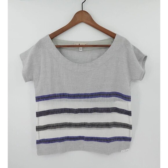 Lemlem Top Womens Small Gray Blue Striped Gauze Shirt Short Sleeve Relaxed Fit - Picture 1 of 11